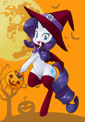 Size: 1500x2142 | Tagged: safe, artist:hidden-cat, rarity, pony, g4, beauty mark, belly button, bipedal, bow, candy, cape, clothes, costume, female, halloween, hat, holiday, jack-o-lantern, mare in the moon, nightmare night, nightmare night costume, pumpkin bucket, socks, solo, thigh highs, trick or treat, witch, witch hat