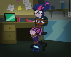 Size: 2500x2000 | Tagged: dead source, safe, artist:radiantrealm, sci-twi, twilight sparkle, equestria girls, g4, my little pony equestria girls: friendship games, bondage, chair, clothes, commission, crystal prep academy, crystal prep academy uniform, crystal prep shadowbolts, female, fetish, gag, glasses, high heels, high res, necktie, pleated skirt, ropes, school, school uniform, school uniform fetish, schoolgirl, show accurate, sitting, skirt, socks, solo, tape gag, tied to chair, tied up