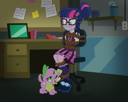 Size: 2500x2000 | Tagged: safe, artist:radiantrealm, sci-twi, spike, spike the regular dog, twilight sparkle, dog, equestria girls, g4, my little pony equestria girls: friendship games, bondage, breaking free, chair, clothes, commission, crystal prep academy, crystal prep academy uniform, crystal prep shadowbolts, duo, gag, glasses, high heels, high res, pleated skirt, rescue, ropes, school uniform, show accurate, sitting, skirt, socks, tape gag, tied up
