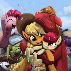 Size: 1216x1219 | Tagged: safe, artist:bakuel, apple bloom, applejack, big macintosh, granny smith, pinkie pie, pipsqueak, spike, twilight sparkle, alicorn, pony, crusaders of the lost mark, g4, confetti, cowboy hat, crying, eyes closed, female, filly, freckles, group hug, hat, hug, it happened, liquid pride, mare, one eye closed, open mouth, stetson, tears of joy, the cmc's cutie marks, twilight sparkle (alicorn)