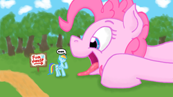 Size: 1344x757 | Tagged: safe, artist:ninegates, pinkie pie, rainbow dash, pegasus, pony, g4, female, fetish, giant pony, imminent vore, macro, mare, open mouth, sign, tongue out
