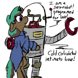 Size: 600x600 | Tagged: safe, artist:thebathwaterhero, pony, robot, 11-54, cyoa, duo, sexbot