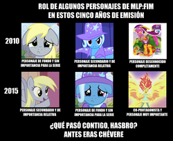 Size: 2104x1720 | Tagged: safe, artist:kojiminamotofan, derpy hooves, sunset shimmer, trixie, equestria girls, g4, my little pony equestria girls: rainbow rocks, comparison, male, meme, spanish, the simpsons, translated in the description
