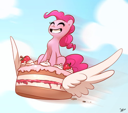 Size: 1428x1262 | Tagged: safe, artist:imalou, pinkie pie, g4, cake, female, flying, smiling, solo, strawberry, wings