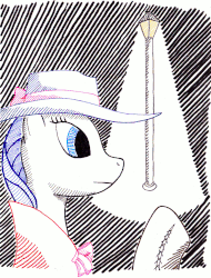 Size: 871x1145 | Tagged: safe, artist:fable-scroll, rarity, g4, rarity investigates, clothes, detective, detective rarity, female, gif, hat, noir, non-animated gif, solo, traditional art, trenchcoat