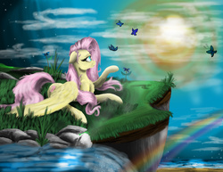 Size: 6732x5208 | Tagged: safe, artist:vinicius040598, fluttershy, butterfly, g4, absurd resolution, dusk, female, rainbow, river, solo, stream, twilight (astronomy)