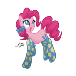 Size: 2000x2000 | Tagged: safe, artist:dyani-yahto, pinkie pie, g4, bow, clothes, cute, diapinkes, female, hair bow, high res, signature, simple background, socks, solo, transparent background