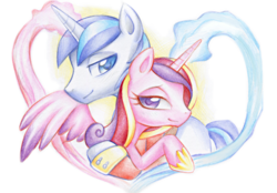 Size: 1024x712 | Tagged: safe, artist:ailish, princess cadance, shining armor, g4, clothes, heart, hug, magic, simple background, traditional art, transparent background, uniform