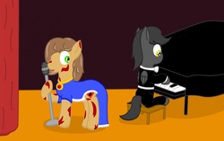 Size: 1280x806 | Tagged: safe, artist:minty candy, oc, oc only, oc:vera lynn, earth pony, ghoul, pegasus, pony, fallout equestria, fallout equestria: empty quiver, clothes, dress, microphone, musical instrument, piano, singing, story