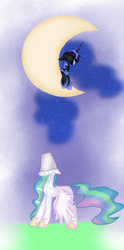 Size: 500x1006 | Tagged: safe, artist:161141, nightmare moon, princess celestia, alicorn, pony, g4, bucket, female, grin, mare, moon, prank, tangible heavenly object, water, wet