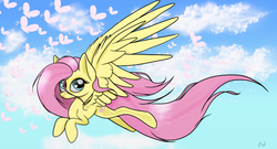 Size: 1024x555 | Tagged: safe, artist:arcuswind, fluttershy, g4, female, flying, solo