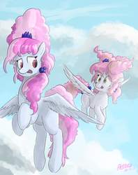 Size: 1349x1704 | Tagged: safe, artist:atteez, cotton puff, cotton sky, pegasus, pony, brotherhooves social, g4, big hair, cloud, female, filly, flying, foal, mare, sisters