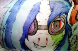 Size: 2844x1863 | Tagged: safe, artist:tamikimaru, dj pon-3, vinyl scratch, pony, unicorn, g4, 2013, aladdin sane, bassdrop, blood, broken glasses, glasses, grin, headphones, nosebleed, smoke, song reference, traditional art, ziggy stardust