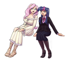 Size: 1280x1073 | Tagged: safe, artist:king-kakapo, fluttershy, twilight sparkle, human, g4, bow, breasts, busty fluttershy, clothes, dress, duo, duo female, feet, female, humanized, jacket, mary janes, multiple variants, ribbon, sandals, skirt, stockings