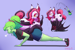 Size: 1821x1227 | Tagged: safe, artist:outta sync, oc, oc only, oc:arrhythmia, oc:femanon, bat pony, human, pony, ass, butt, chubby, clothes, converse, cute, exercise, eyes closed, fat, jiggle, plot, ponytail, push-ups, shirt, shoes, shorts, socks, sweat, the ass was fat, wing-ups
