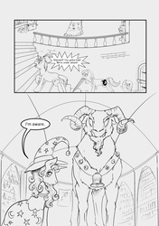 Size: 3528x5000 | Tagged: safe, artist:silfoe, grogar (g1), princess celestia, princess luna, star swirl the bearded, oc, oc:golden vellum, earth pony, pony, sheep, unicorn, comic:ascension, g1, g4, bell, canterlot, comic, earth pony celestia, earth pony luna, female, grayscale, library, looking back, male, mare, monochrome, mouth hold, open mouth, origin story, race swap, ram, running, stairs, stallion, sword, wide eyes, younger