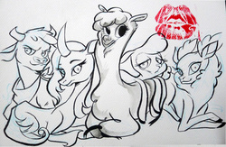 Size: 1280x837 | Tagged: safe, artist:patmai, arizona (tfh), oleander (tfh), paprika (tfh), pom (tfh), velvet (tfh), alpaca, classical unicorn, cow, deer, lamb, reindeer, sheep, them's fightin' herds, bandana, cloven hooves, community related, female, horn, kiss mark, leonine tail, lipstick, traditional art