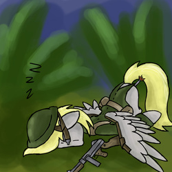 Size: 600x600 | Tagged: safe, artist:slamjam, derpy hooves, pegasus, pony, g4, female, gun, literal butthurt, mare, pain, prone, sleeping, soldier, solo, tommy gun, tranquilizer, tranquilizer dart, weapon