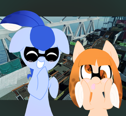 Size: 870x800 | Tagged: safe, artist:php54, inkling, original species, squid, squidpony, blue (inkling), bridge, cute, duo, funny face, orange (inkling), ponified, splatoon