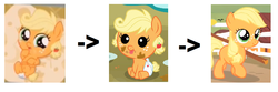 Size: 1171x387 | Tagged: safe, edit, screencap, applejack, earth pony, pony, apple family reunion, g4, the cutie mark chronicles, the one where pinkie pie knows, age progression, baby, baby pony, babyjack, comparison, cropped, filly, foal, retcon