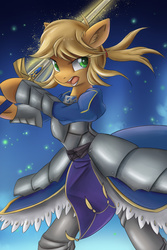 Size: 3750x5625 | Tagged: safe, artist:ardail, applejack, earth pony, pony, semi-anthro, g4, absurd resolution, armor, clothes, crossover, ear fluff, excalibur, fate/stay night, female, open mouth, saber, solo, sword, weapon