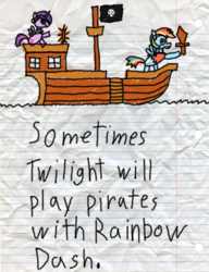 Size: 600x783 | Tagged: safe, artist:fonypan, artist:sweetie belle, rainbow dash, twilight sparkle, alicorn, pony, g4, bookworm, female, lined paper, mare, pirate dash, ship, solo, stylistic suck, sweetie's jurnal, twilight sparkle (alicorn)