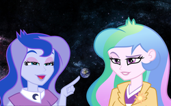 Size: 1500x938 | Tagged: safe, princess celestia, princess luna, principal celestia, vice principal luna, equestria girls, g4, clothes, duo, earth, goddess, macro, open mouth, raised eyebrow, space, touch