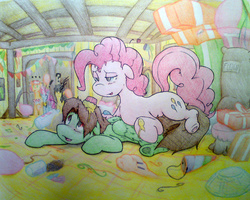 Size: 2716x2176 | Tagged: safe, artist:tamikimaru, pinkie pie, oc, oc:jello, oc:tami k. maru, g4, 2014, balloon, birthday party, black mane, canon x oc, cupcake, disaster, female, floppy ears, grin, hearts and hooves day, high res, male, party, shipping, straight, traditional art, wingboner, yellow coat