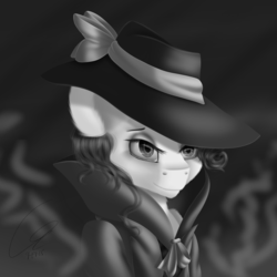 Size: 3600x3600 | Tagged: safe, artist:crazyaniknowit, rarity, pony, unicorn, g4, rarity investigates, clothes, detective, detective rarity, female, grayscale, hat, high res, monochrome, noir, solo, trenchcoat