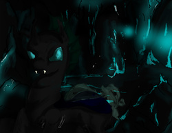 Size: 3296x2544 | Tagged: safe, artist:culain-hound, changeling, cave, glowing, high res, solo