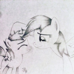 Size: 1024x1024 | Tagged: safe, artist:theasce, rainbow dash, scootaloo, pegasus, pony, crusaders of the lost mark, g4, cutie mark, eyes closed, female, filly, foal, folded wings, looking at each other, looking at someone, mare, monochrome, noogie, petting, scootalove, signature, smiling, spread wings, the cmc's cutie marks, traditional art, wings