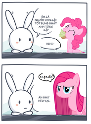 Size: 536x728 | Tagged: safe, artist:purpleloverpony, pinkie pie, earth pony, pony, rabbit, g4, animal, cupcake, eating, food, pinkamena diane pie, pun, translated in the comments, vietnamese