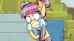 Size: 1024x576 | Tagged: safe, artist:kindpony, sour sweet, earth pony, pony, equestria girls, g4, my little pony equestria girls: friendship games, angry, clothes, crystal prep academy, crystal prep shadowbolts, equestria girls ponified, eyelid pull, female, ponified, rage face, scene interpretation, solo, sour rage, sour sweet is not amused, unamused, watermark