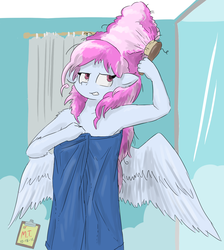 Size: 1207x1349 | Tagged: safe, artist:the-minuscule-task, cotton sky, pegasus, anthro, brotherhooves social, g4, armpits, big hair, brush, naked towel, shower, towel