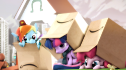 Size: 1920x1079 | Tagged: safe, artist:doge4ce, pinkie pie, rainbow dash, twilight sparkle, alicorn, pony, g4, 3d, amazon box, amazon.com, box, cardboard box, fez, hat, pony in a box, source filmmaker, twilight sparkle (alicorn)