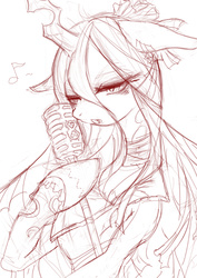 Size: 708x1000 | Tagged: safe, artist:girlsay, queen chrysalis, changeling, changeling queen, g4, female, microphone, monochrome, music notes, singing, sketch, solo