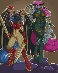 Size: 1595x2000 | Tagged: safe, artist:poisindoodles, berry punch, berryshine, oc, oc only, oc:midnight light, oc:shadowberry, earth pony, pegasus, anthro, unguligrade anthro, g4, angelus, armor, commission, dark horse comics, female, sword, the darkness