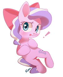 Size: 1161x1427 | Tagged: safe, artist:sion, diamond tiara, pony, g4, accessory swap, apple bloom's bow, bow, cute, diamondbetes, exclamation point, female, hair bow, looking at you, open mouth, solo