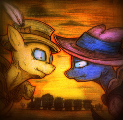 Size: 2505x2448 | Tagged: safe, artist:tamikimaru, mare do well, oc, oc:grand heist, g4, 2015, fanfic art, friendship express, high res, nightmare fuel, sunset, traditional art, vs.