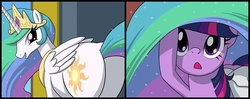 Size: 800x317 | Tagged: safe, artist:uotapo, princess celestia, sci-twi, twilight sparkle, alicorn, pony, unicorn, g4, :o, butt, comic, cropped, cutie mark, eyes on the prize, female, looking back, mare, open mouth, out of context, plot, ponified, smiling, sunbutt, tail, unicorn sci-twi