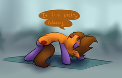 Size: 2467x1582 | Tagged: safe, artist:marsminer, oc, oc only, oc:venus spring, earth pony, pony, backbend, bridge stretch, clothes, dialogue, female, smiling, solo, stockings, stretching, yoga