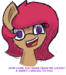 Size: 245x279 | Tagged: safe, artist:lockheart, oc, oc only, oc:stella cherry, earth pony, pony, dialogue, flockmod, looking at you, simple background, solo, transparent background, yandere