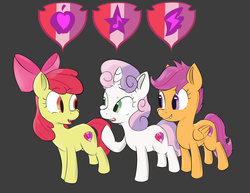 Size: 1766x1360 | Tagged: safe, artist:browwning, apple bloom, scootaloo, sweetie belle, crusaders of the lost mark, g4, cute, cutie mark, cutie mark crusaders, eye contact, gray background, grin, looking at each other, open mouth, raised hoof, simple background, smiling, the cmc's cutie marks, trio