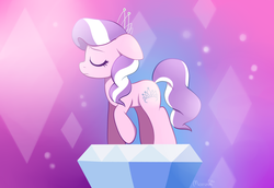 Size: 2833x1947 | Tagged: dead source, safe, artist:moozua, diamond tiara, earth pony, pony, crusaders of the lost mark, g4, abstract background, diamond, eyes closed, female, filly, floppy ears, frown, gem, gradient background, jewelry, jewels, pose, profile, raised hoof, sad, scene interpretation, signature, solo, the pony i want to be, tiara