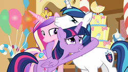 Size: 1920x1080 | Tagged: safe, screencap, princess cadance, shining armor, twilight sparkle, alicorn, pony, g4, the one where pinkie pie knows, female, hug, mare, sisters-in-law, twilight sparkle (alicorn)