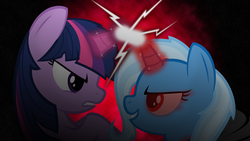 Size: 3840x2160 | Tagged: safe, artist:godoffury, artist:laszlvfx, edit, trixie, twilight sparkle, pony, unicorn, g4, cape, clothes, duo, evil trixie, face to face, female, high res, horn, magic, mare, red eyes, spark, sparking horn, vector, wallpaper, wallpaper edit