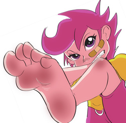 Size: 800x781 | Tagged: safe, artist:zuneycat, scootaloo, human, g4, bandage, barefoot, feet, foot fetish, foot focus, humanized, soles, toes