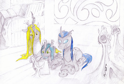 Size: 900x610 | Tagged: safe, artist:crystalightx, queen chrysalis, oc, changeling, changeling queen, g4, blue changeling, book, changeling queen oc, female, parent, prone, reading, traditional art, yellow changeling, young, younger
