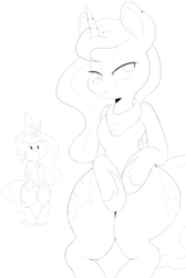 Size: 1280x1908 | Tagged: dead source, safe, artist:purple-yoshi-draws, princess celestia, princess luna, pony, g4, bedroom eyes, bipedal, dunce hat, frown, hat, hips, looking at you, monochrome, smirk, unamused, wide hips