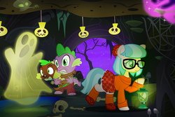 Size: 1000x666 | Tagged: safe, artist:pixelkitties, coco pommel, spike, spike the regular dog, dog, dragon, earth pony, ghost, pony, equestria girls, g4, bone, cave, clothes, doggy dragondox, female, frown, glasses, gritted teeth, hoof hold, lantern, male, mare, mary janes, nightmare night, scared, scooby-doo!, shaggy rogers, shoes, skirt, skirt lift, skull, socks, spider web, spooky, spooky ghost, velma dinkley, wide eyes